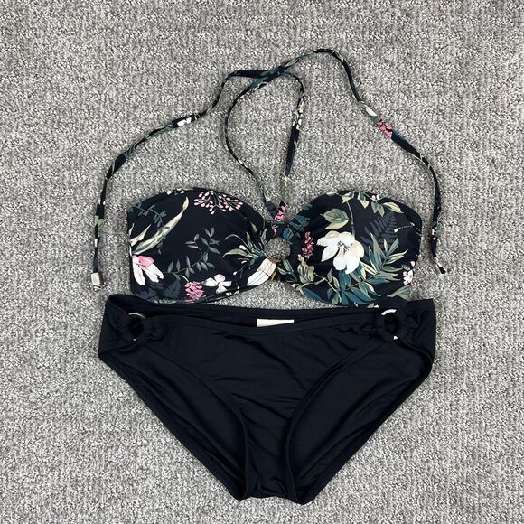Kate Spade Bikini Womens Small Black Floral Bandeau Halter Two Piece Set Padded - Picture 1 of 10